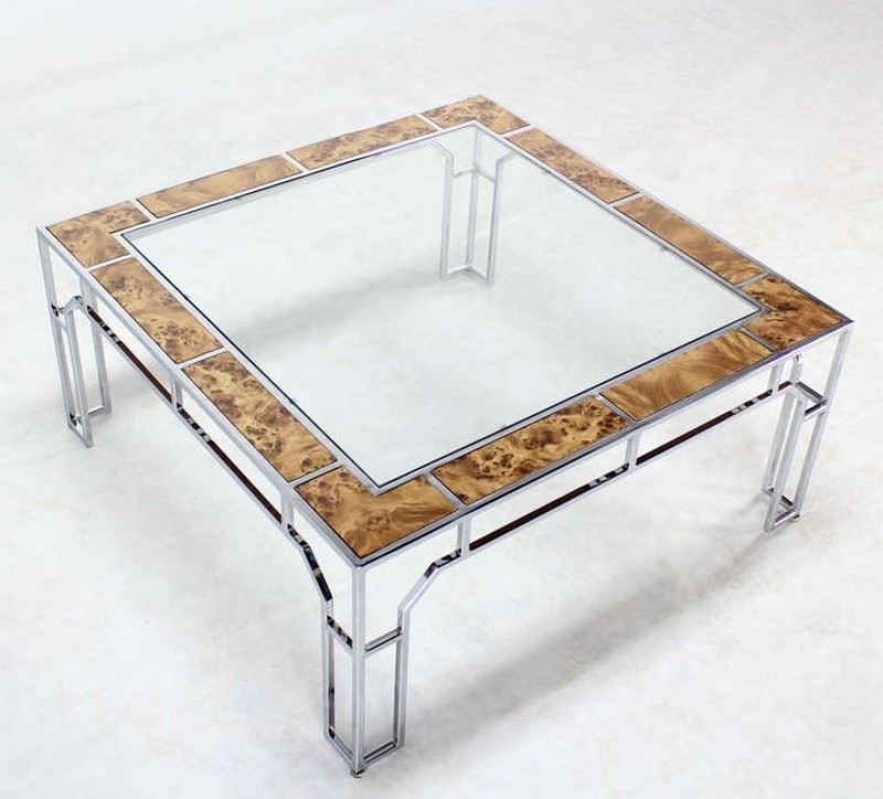 Mid Century Modern Chrome Glass Top Square Coffee Table w Burl Wood Inserts MINT gallery