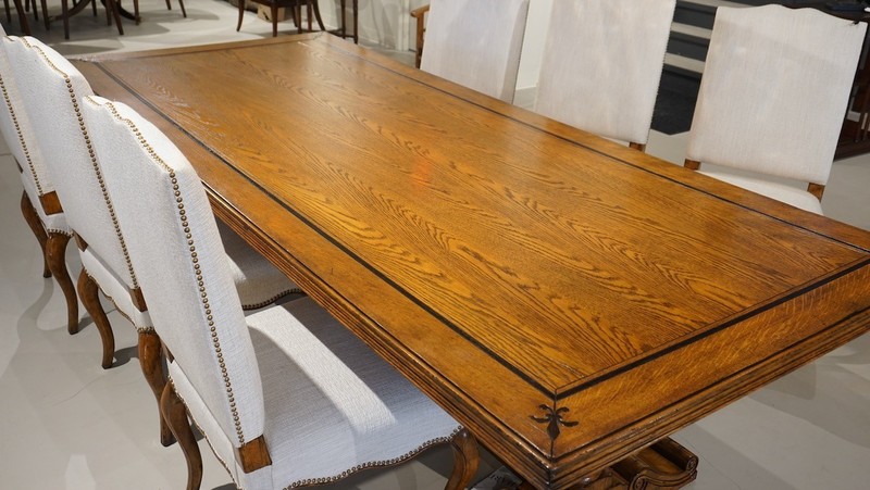 NO TARIFFS! Beautiful 9′ French Country Oak wood Trestle Base Dining Table