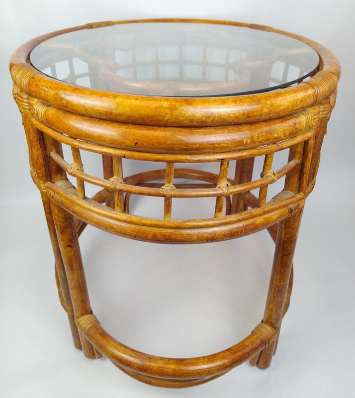 Oval Rattan & Glass Side Table 23" Clover Tiki Bamboo MCM Hollywood Regency gallery