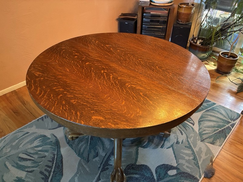 Antique Tigerwood Oak Table round 45” round 30” Tall claw feet gallery