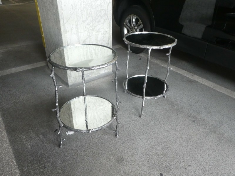 VINTAGE PAIR OF TWO TIER ROUND ALUMINUM TREE BRANCH TABLES gallery