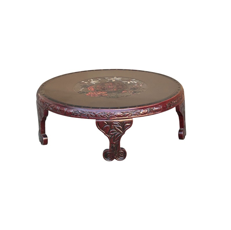 Vintage Brick Red Relief Carving Round Wood Low Kang Coffee Table GB112 gallery
