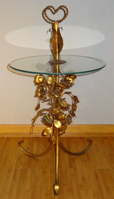 MidCentury Hollywood Regency Italian Gold Tole Roses Glass Top Cocktail Table