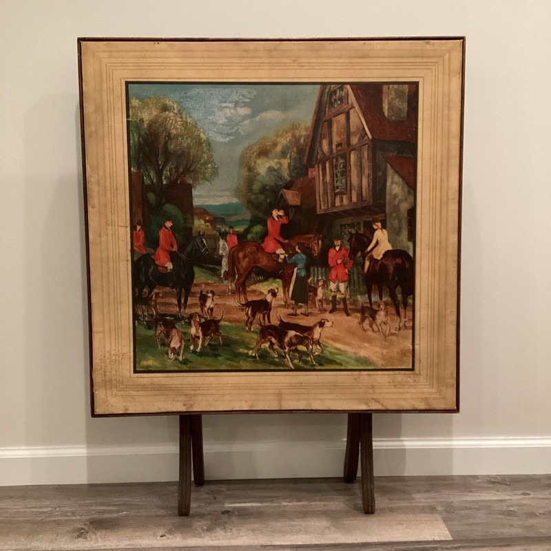 Vintage English Fox Hunt Scene Folding Card Table Fireplace Screen Wood Litho