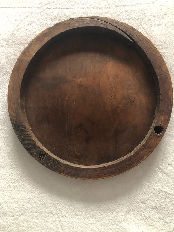 Antique carved wood table top 16 in. diameter with bent oak border gallery