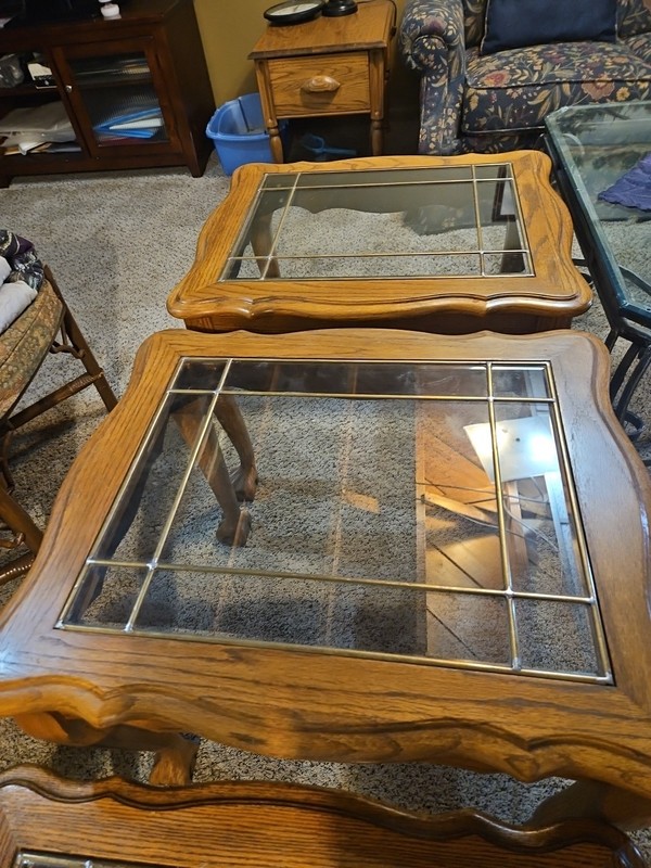 Beautiful 3 Piece Oak with Inlay Glass Top Tables gallery