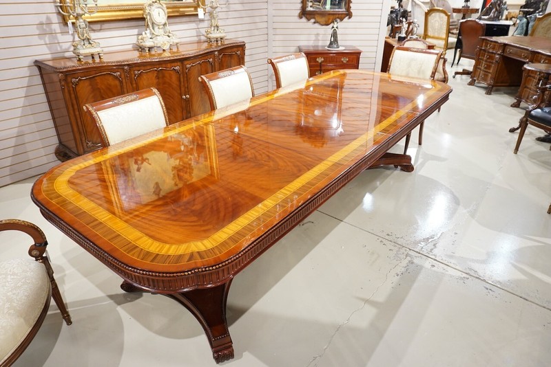 Beautiful 10' Heavy traditional flamed mahogany 2 pedestal formal dining table gallery