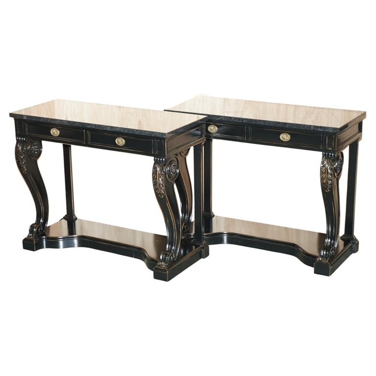 PAIR OF £34,000 RALPH LAUREN CLIVEDON MAHOGANY MACASSAR & MARBLE CONSOLE TABLES