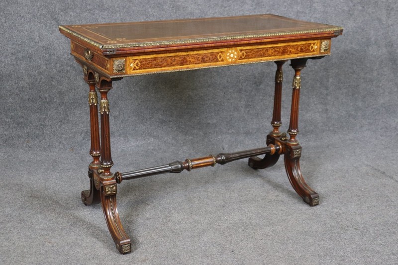 Napoleonic Style Burled Walnut Bronze Mounted French Inlaid Flip Top Game Table