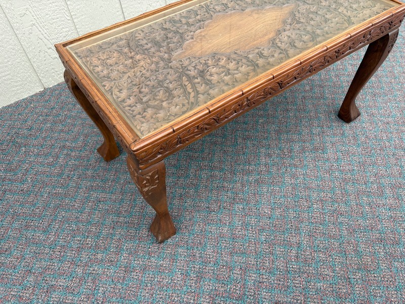 67733 Hand-Carved Coffee Table with Glass Top and Floral Design gallery