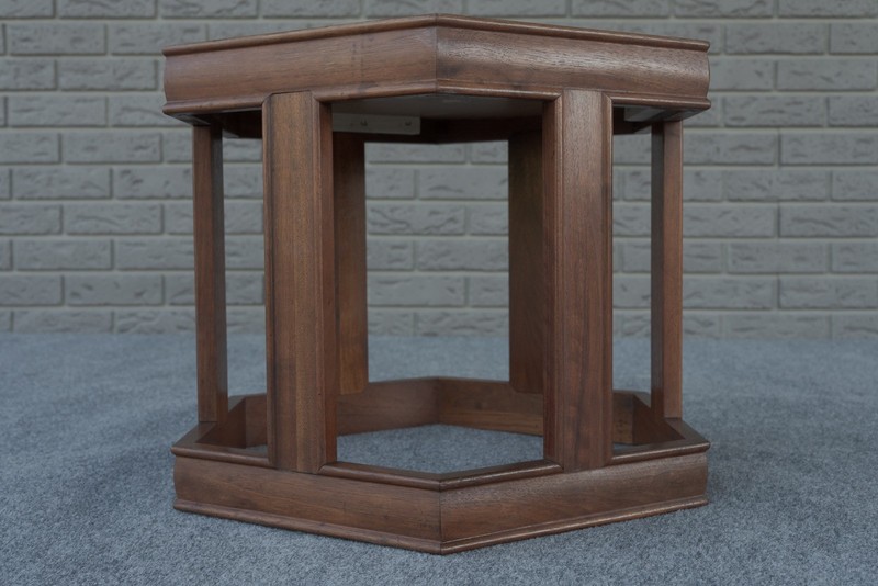 Mid Century Modern John Keal for Brown Saltman Walnut & Glass Hexagon End Table gallery