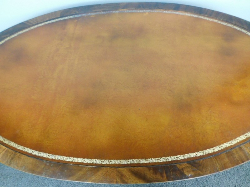 Brandt Antique 46" W 1940s Regency MCM Mahogany Tooled Leather OVAL Coffee Table gallery