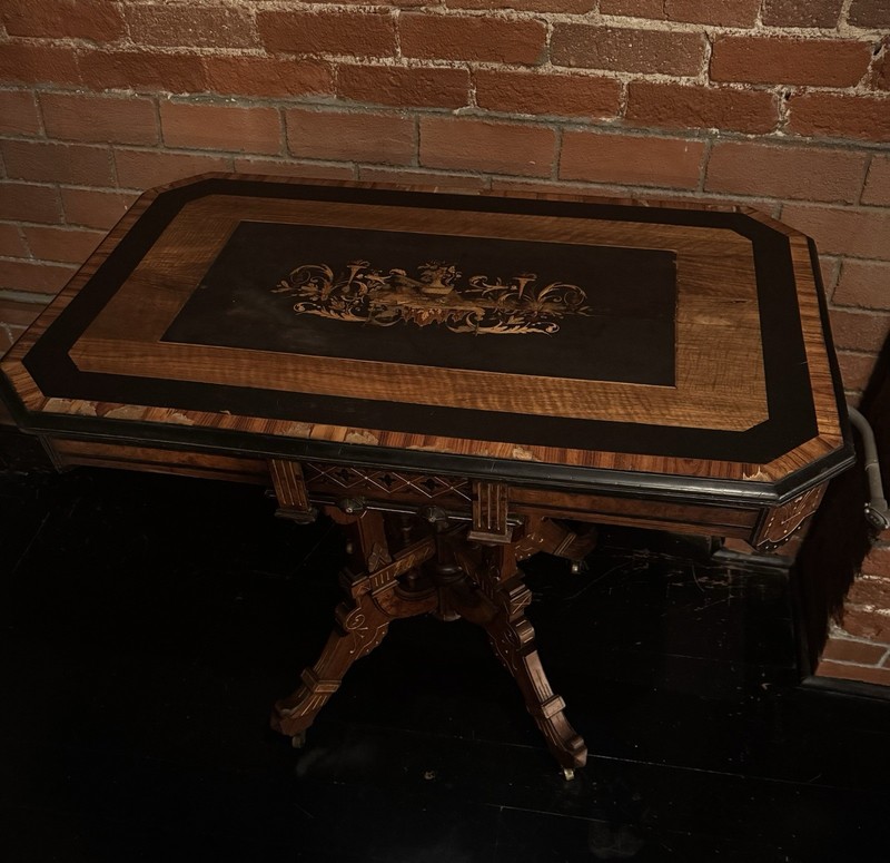19th c. Victorian Walnut Marquetry Inlaid Parlor Table – Carved Floral Basket gallery