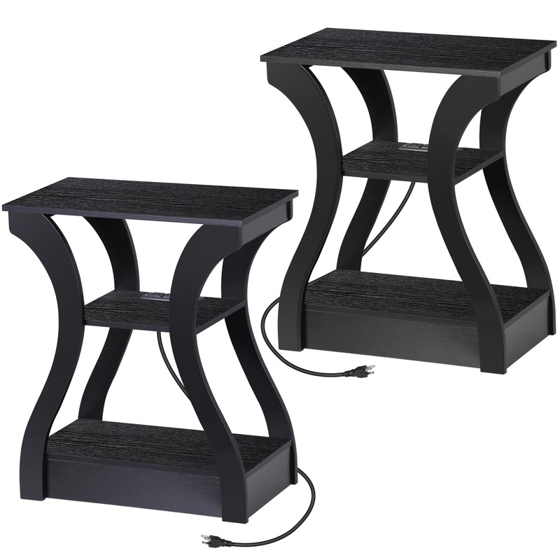 2 PCS Nightstand Stable End Table for Living Room with Charging Station Black