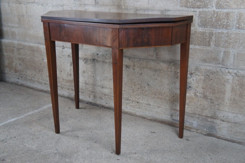 Antique Sheraton Mahogany Inlaid Octagonal Flip Top Game Card Tea Console Table gallery