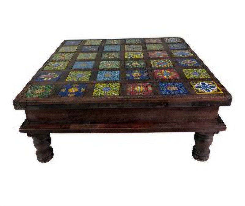 Vintage Handmade Mosaic Tile Wood Pedestal Table 18x18 Boho Folk Art Plant Stand gallery