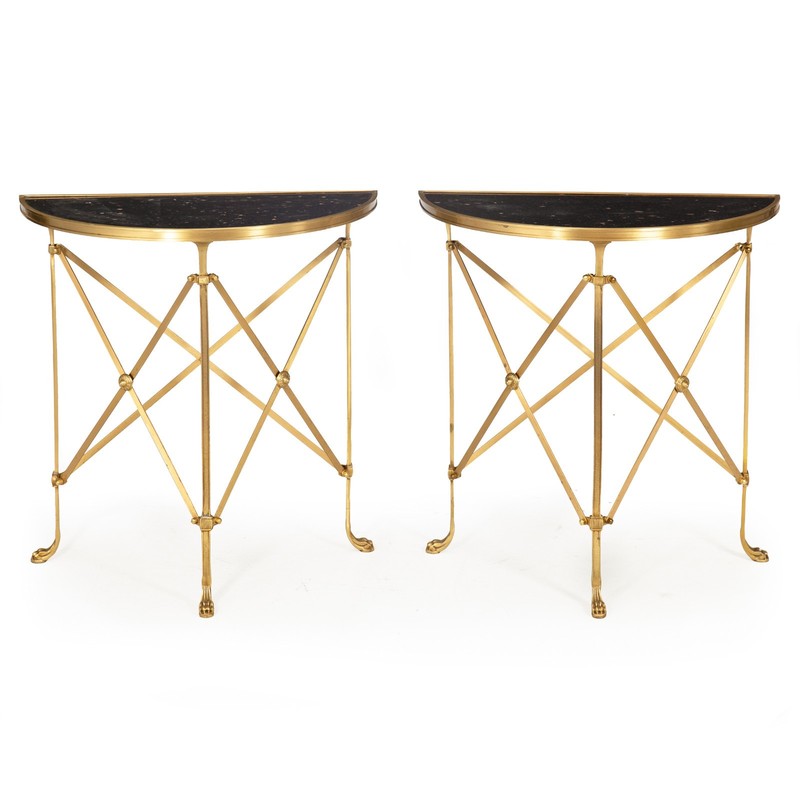 Pair of Bronze and Black Granite Demilune Console Tables, Manner of Jansen gallery