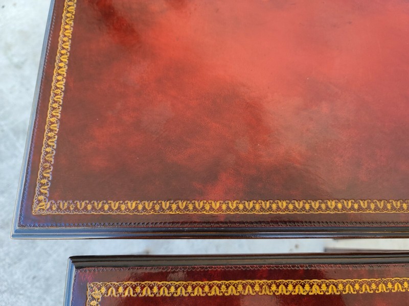 Mid Century Tooled Red Leather Mahogany Nesting Tables gallery