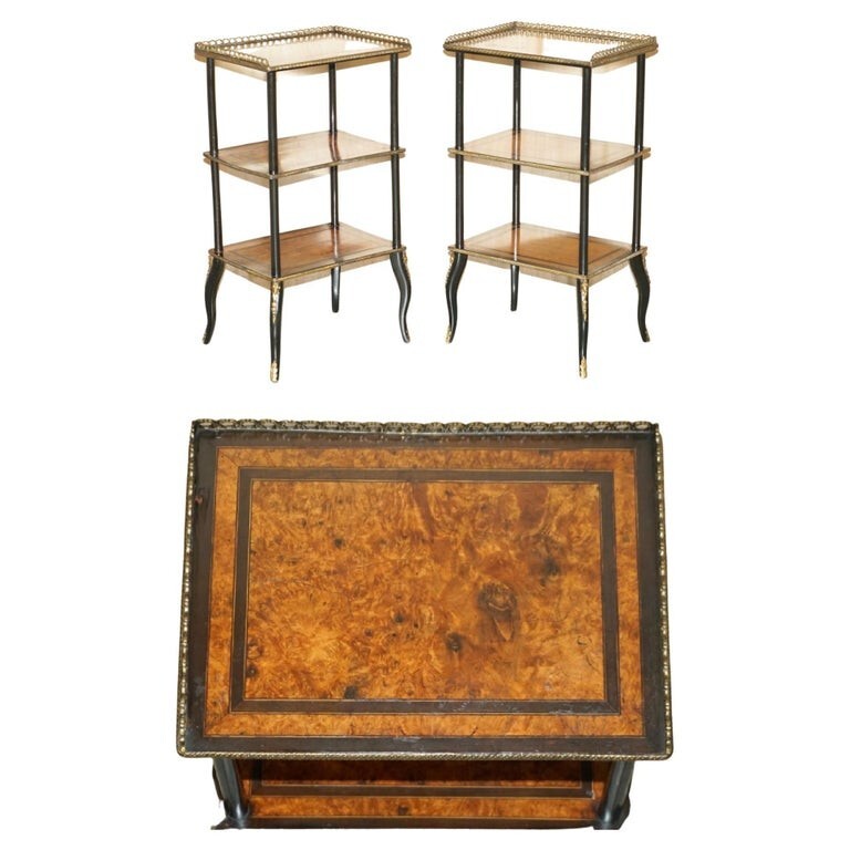 PAIR OF VICTORIAN EBONISED AMBOYNA WOOD ETAGERES SIDE END LAMP WINE TABLES
