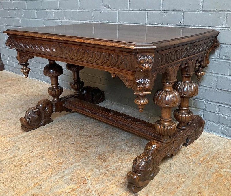 French Antique Renaissance Revival Walnut Desk/Library Table with Sea Serpents
