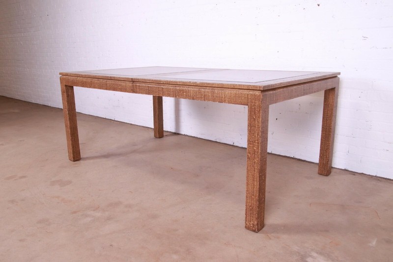 Karl Springer Attributed Mid-Century Lacquered Grasscloth Extension Dining Table gallery
