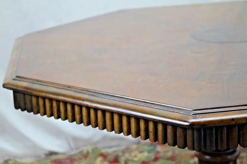 1920 Jacobean Walnut book match Octogen coffee Table gallery