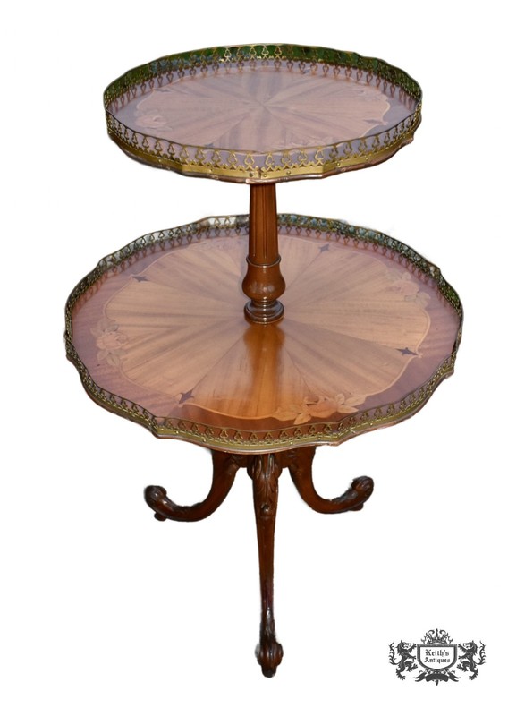Vintage Two Tier Carved & Inlaid French Style Table w/Brass Gallery