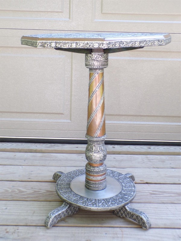 Vintage Moroccan Middle Eastern Style Metal Clad Wood Octagon Table Plant Stand gallery
