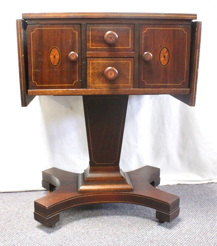Antique Mahogany SEWING WORK SIDE TABLE.Drop-Leaf Sides. Inlaid Doors + Pulls.