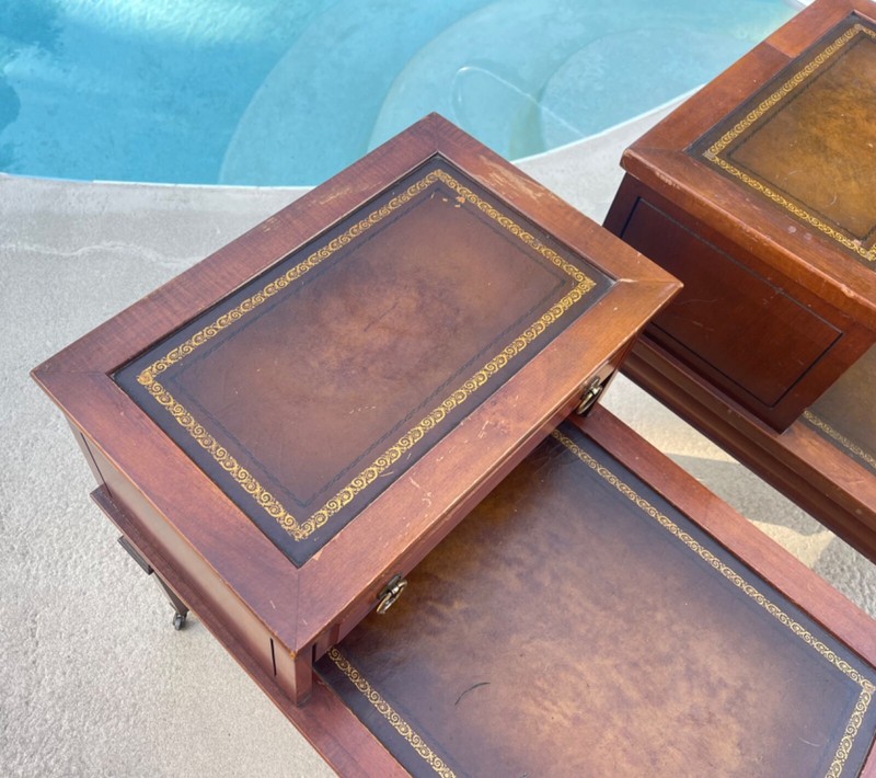 PAIR 1940s Step-Back Tooled Leather Top ANTIQUE Side End Drawer Tables Mersman gallery