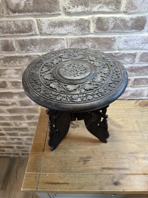Antique Indian Hand-Carved Wood Round Side Table 12”x13 Plant Stand