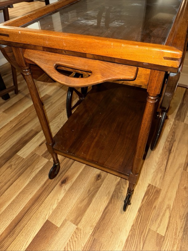 Tea Cart Serving Table, Drop Leaf with Glass Tray