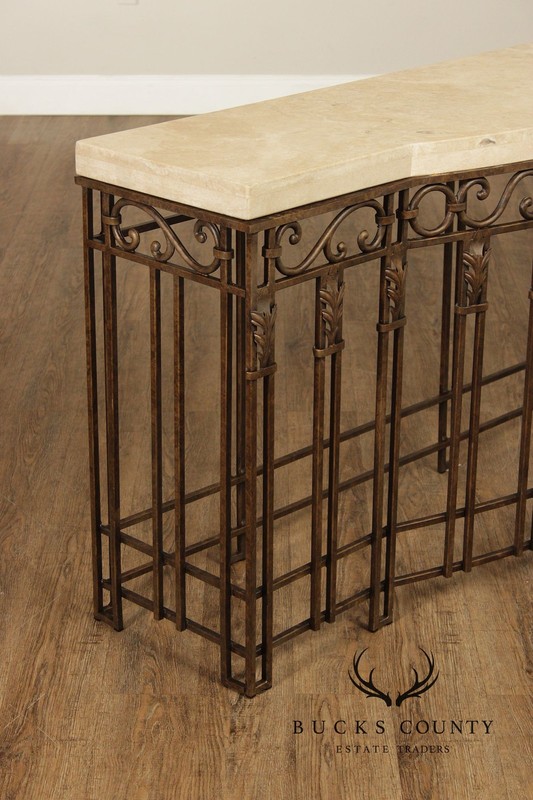 Wrought Iron Travertine Top Long Console Table gallery