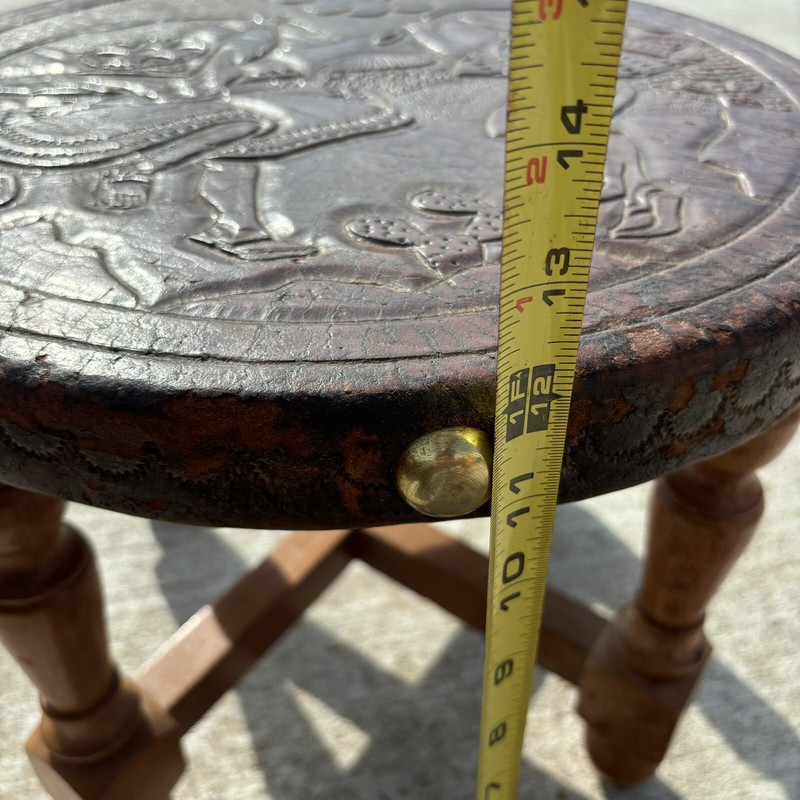 Peruvian Hand Tooled Punched Leather South American Wooden Stool Vintage gallery