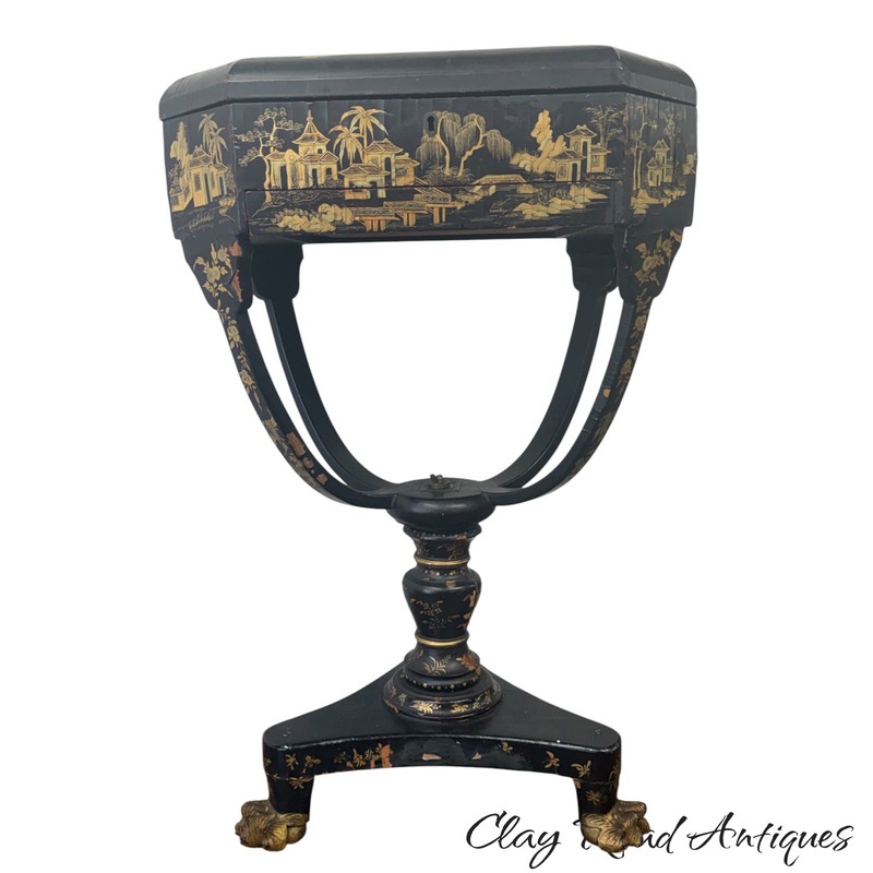 Antique chinese export paw foot sewing table stand gilt black lacquer 1830