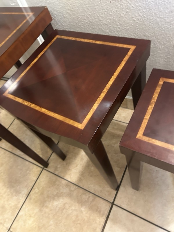 Vintage Solid Mahogany Inlaid Nesting Tables, Quality! Set Of 3 gallery