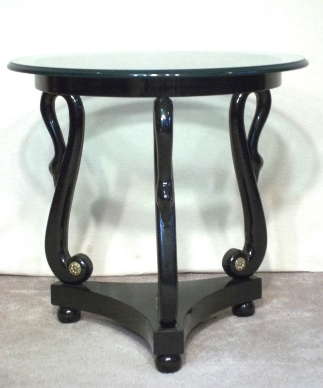 MID CENTURY MODERN CLASSICAL REGENCY BLACK LACQUER SWAN HEAD TABLE gallery