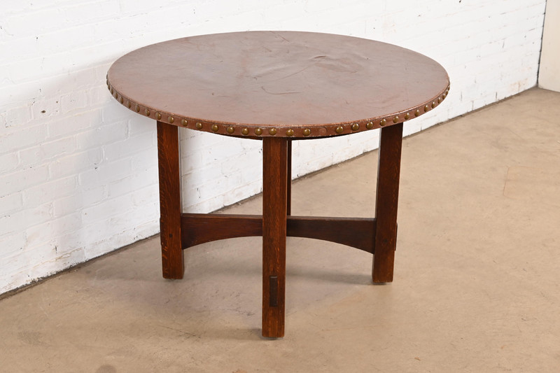 Gustav Stickley Antique Mission Oak Arts & Crafts Leather Top Center Table gallery