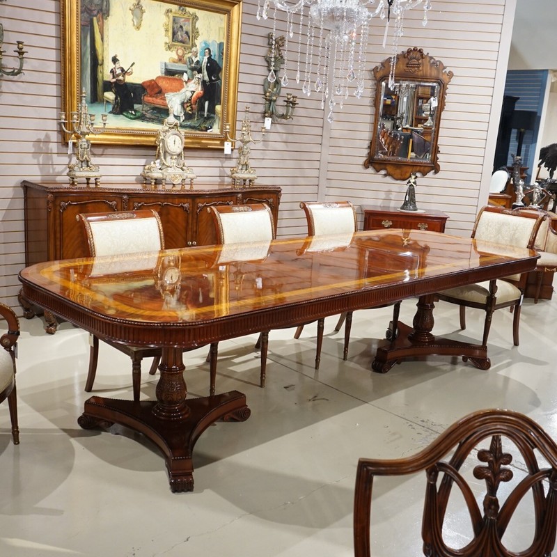 Beautiful 10' Heavy traditional flamed mahogany 2 pedestal formal dining table gallery