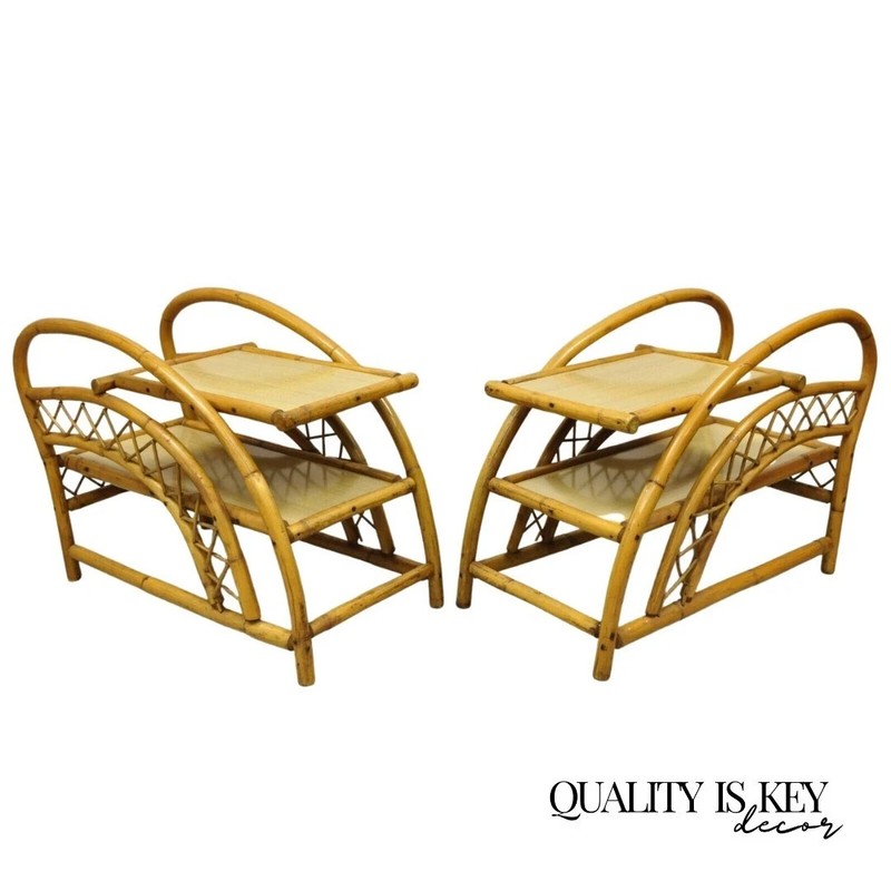 Vintage Tiki Rattan Bentwood Bamboo 2 Tier Sculptural End Tables – a Pair