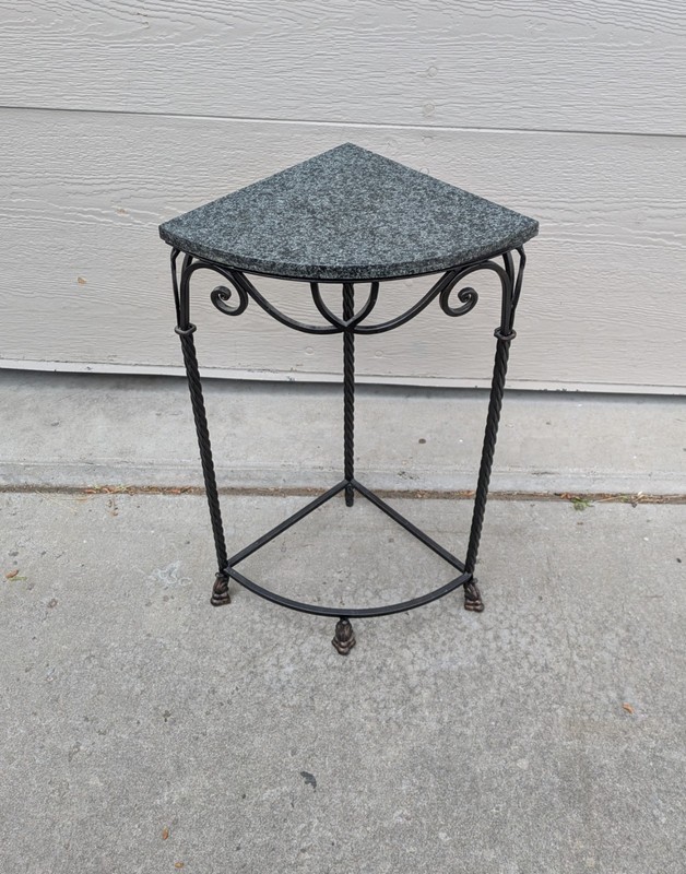 Vintage Corner Plant Stand Table Granite Marble Top Wrought Iron Scroll Tuscan
