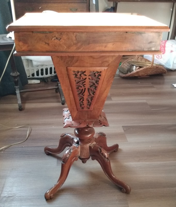 VICTORIAN SEWING TABLE, IN WALNUT. ENGLISH c 1890. AS IS gallery