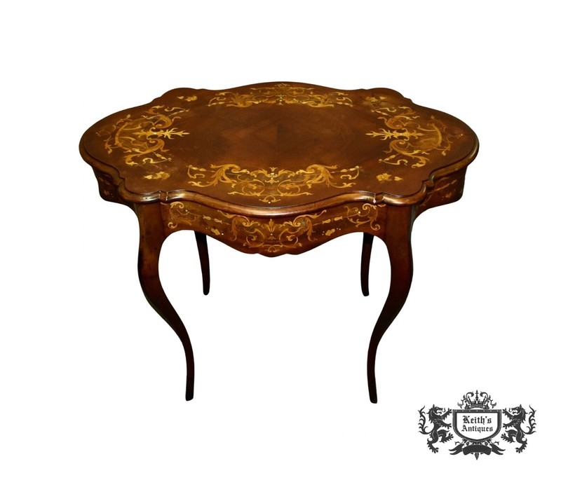 Antique Inlaid Mahogany Renaissance Revival Turtle Top Table