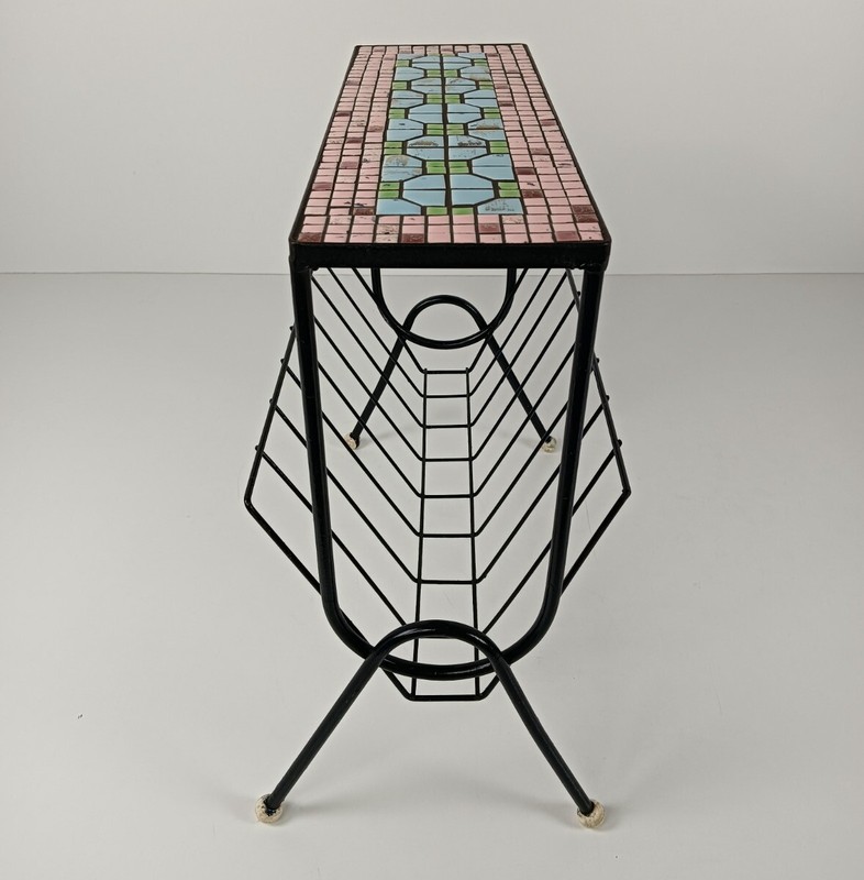 Vintage wrought iron Mid Century Magazine Rack Newspaper Basket Side Table Mosai gallery