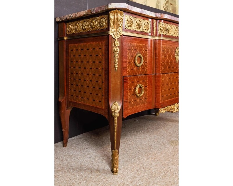 French Louis XVI Style Ormolu-Mounted Marquetry and Parquetry Commode gallery