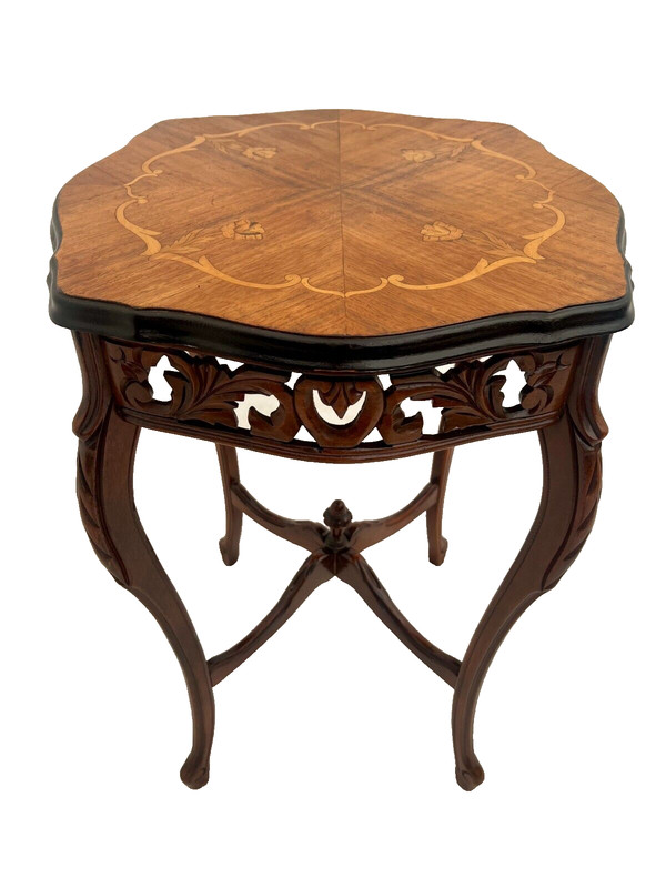 Antique French Square Table Entry Stand Floral Hand cut Inlays and fret work gallery