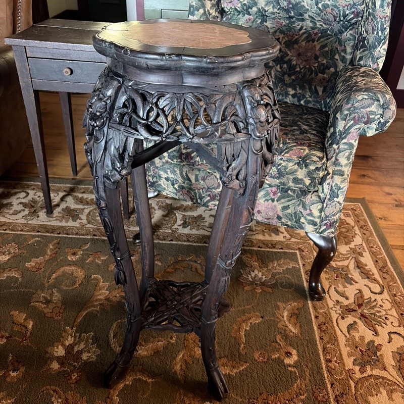 Beautiful Hand Carved Victorian Accent Table Or Plant Stand With Marble Inset gallery
