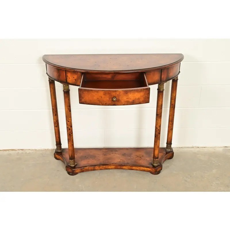 Maitland Smith Style French Empire Burl Wood & Gold Gilt Demilune Console Table gallery