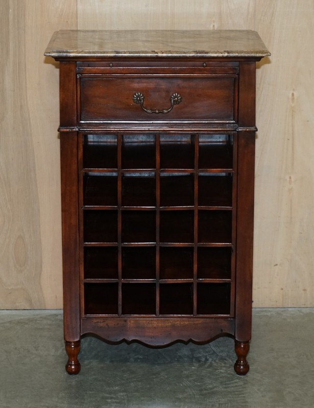 MARBLE TOPPED SIDE TABLE WITH WINE BOTTLE HOLDERS FOR 20 BOTTLES & SERVING TRAY gallery
