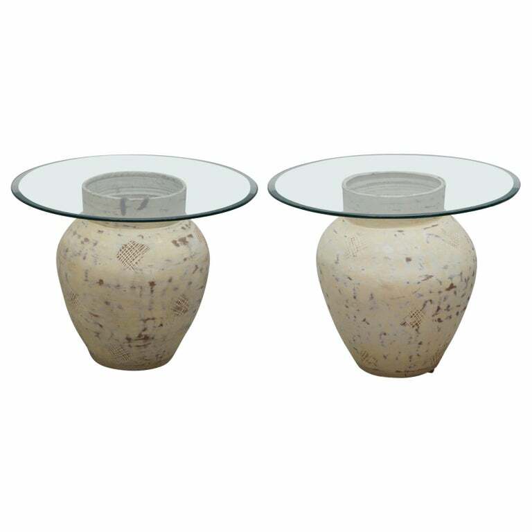 PAIR OF POTTERY URN POTS, LARGE THICK BEVELLED GLASS TOPS SIDE END LAMP TABLES